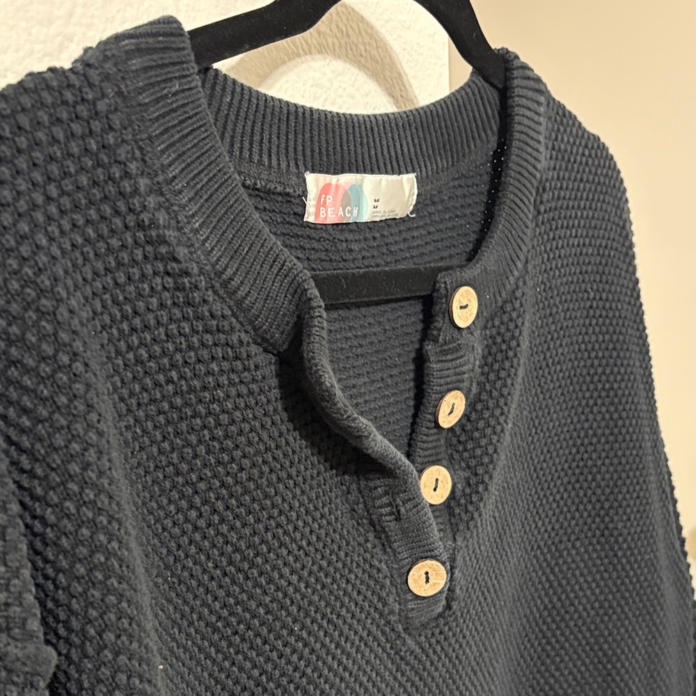 Free People Women's Black Waffle-Knit Henley Pullover Sweater - Picture 3 of 4